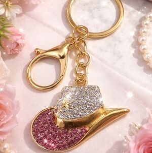 ✨ Rhinestone Pink & Gold Cowboy Hat Keychain | Western Glam Bag Charm